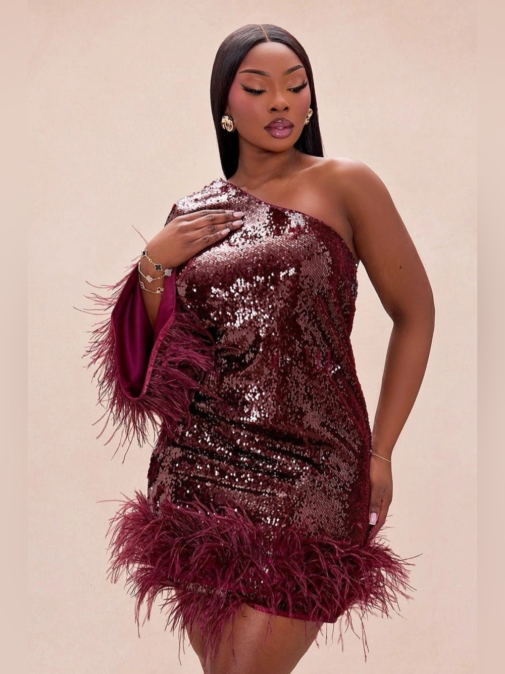 Fashion Nova Robyn Sequin Feathered Mini Dress Burgundy One Shoulder